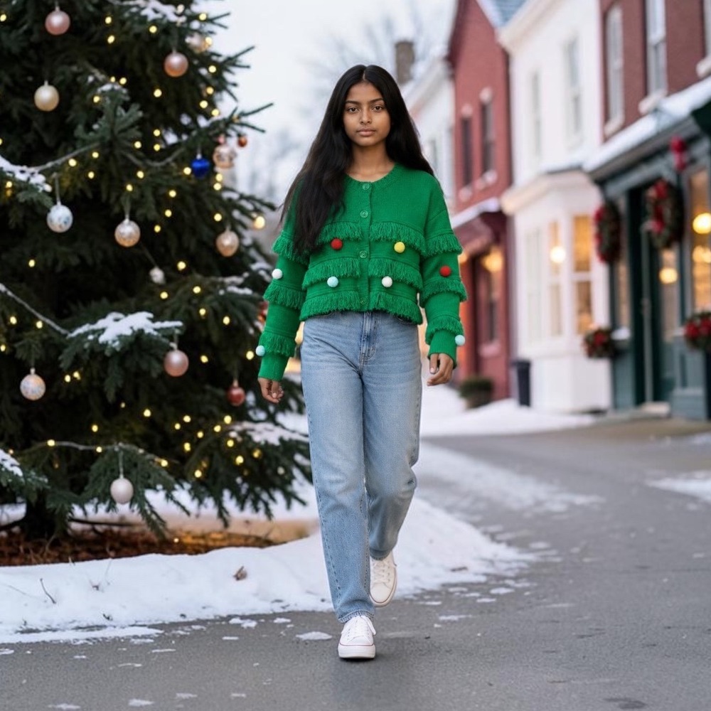 Holiday Time Christmas Tree Cardigan Girls size Med 7-8 Green Fringe Pom Poms